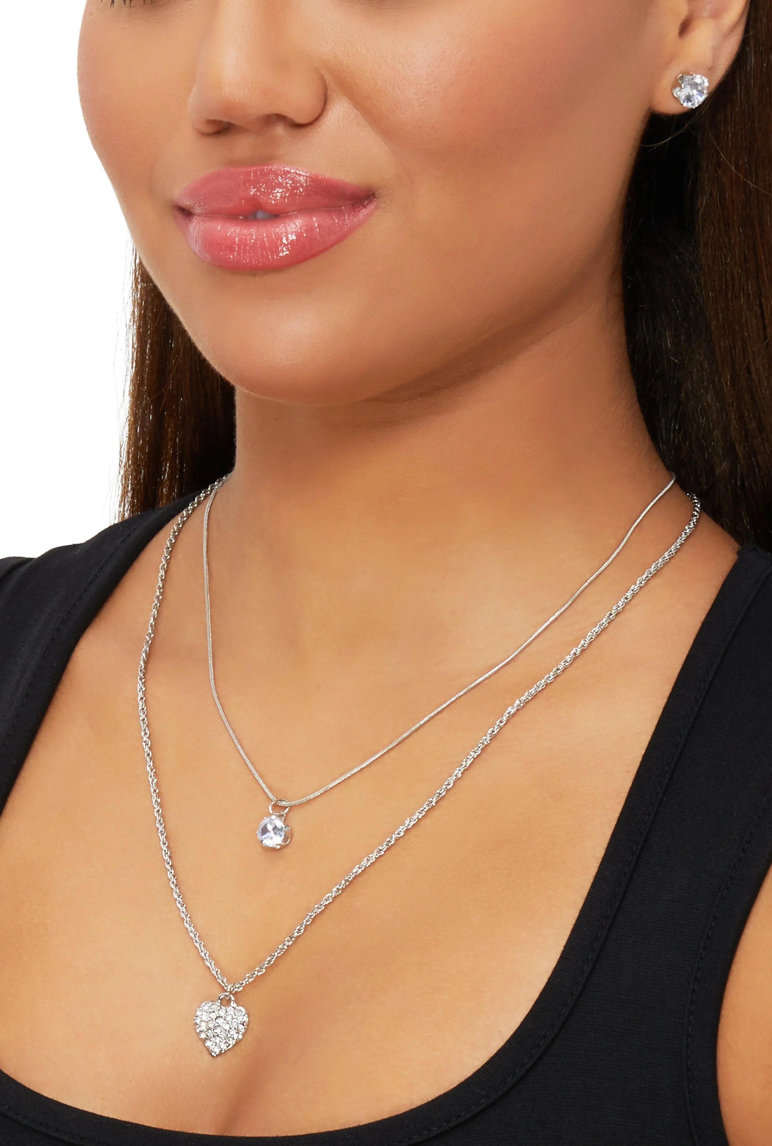 Cubic Zirconia Pendant Layered Necklace and Earring Trio sold by Rainbow product image thumbnail 2
