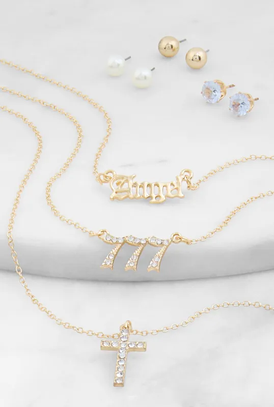 Angel 777 Cross Charm Necklace with Stud Earring Trio sold by Rainbow