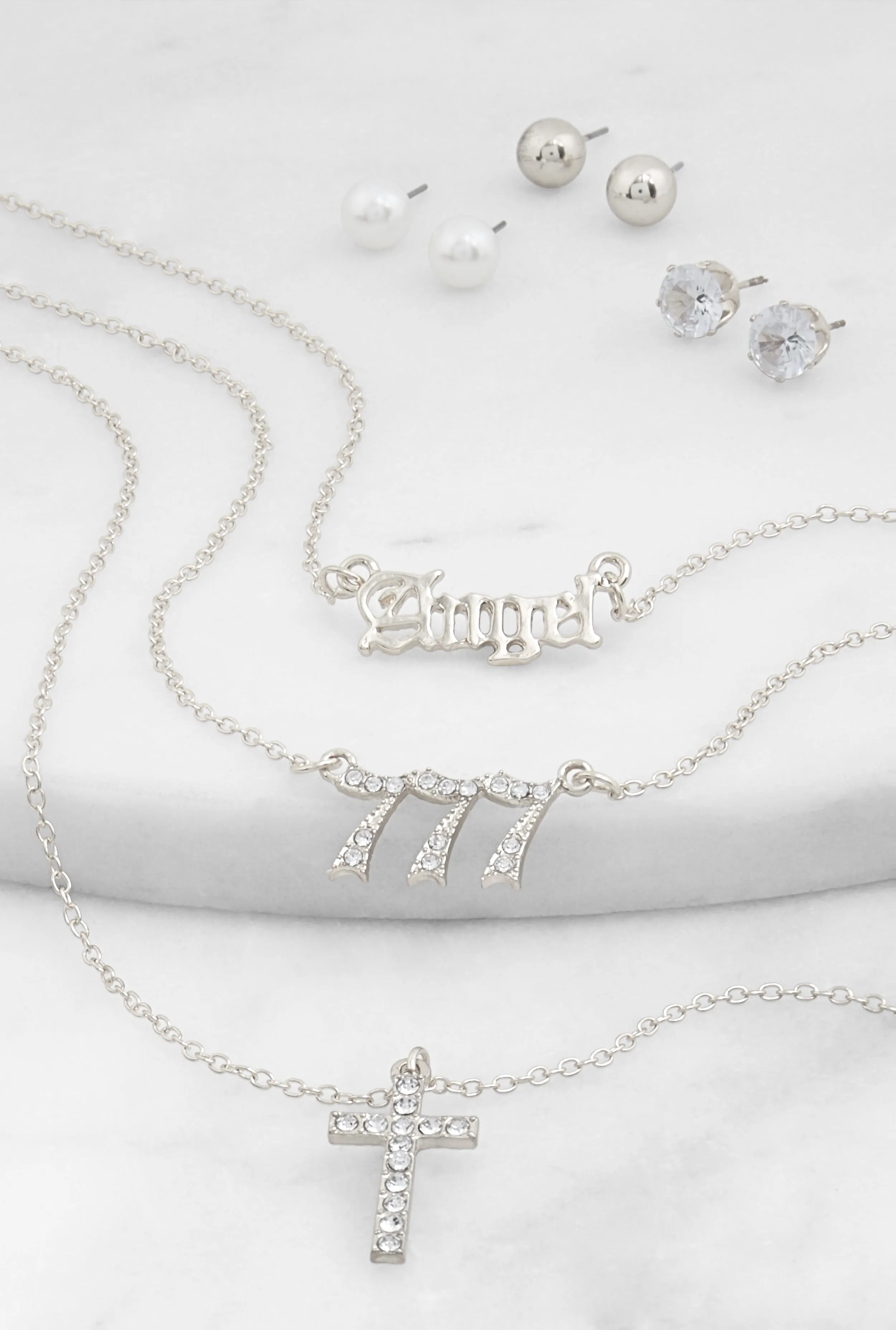 Angel 777 Cross Charm Necklace with Stud Earring Trio sold by Rainbow