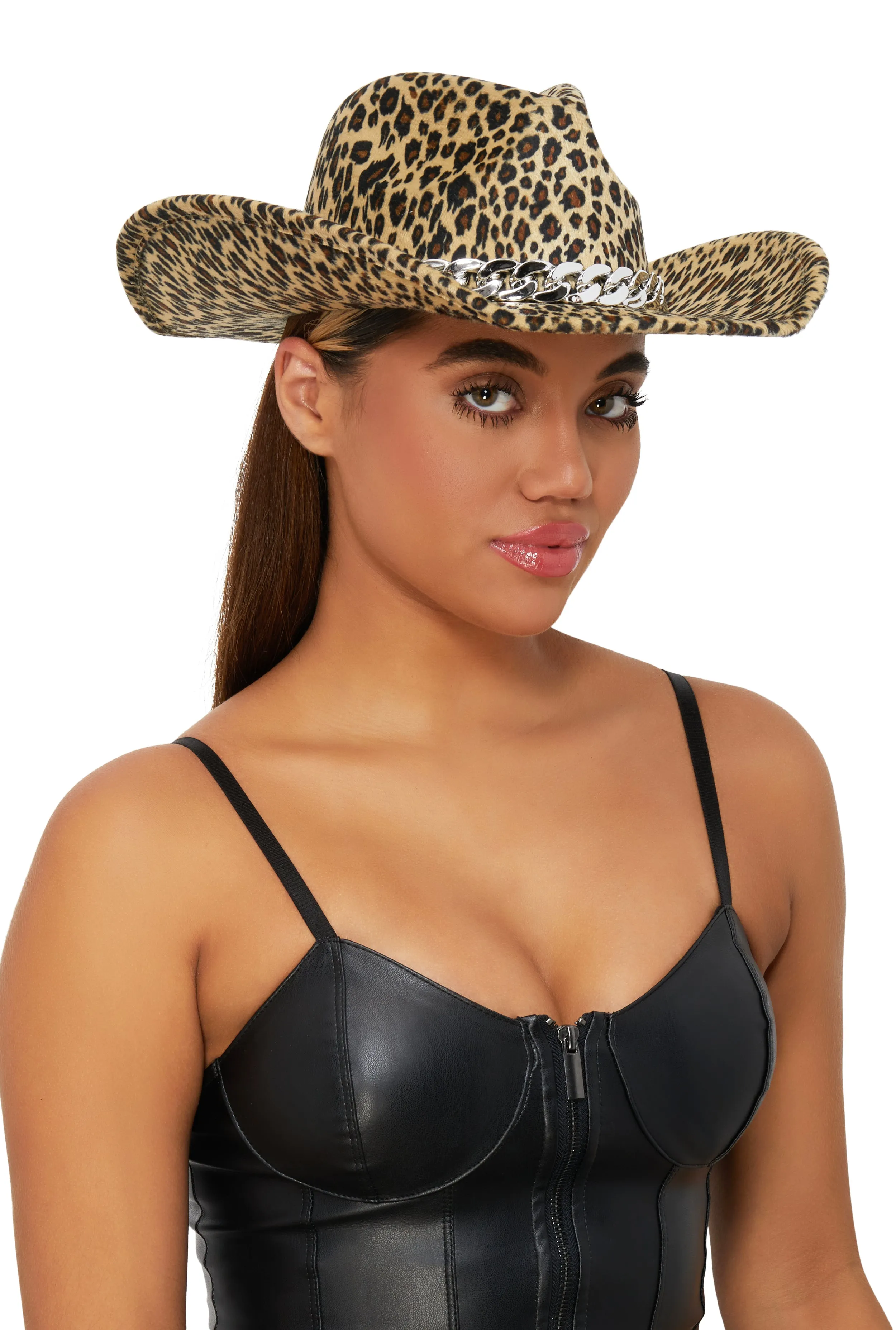 Animal Print Chain Detail Cowboy Hat sold by Rainbow