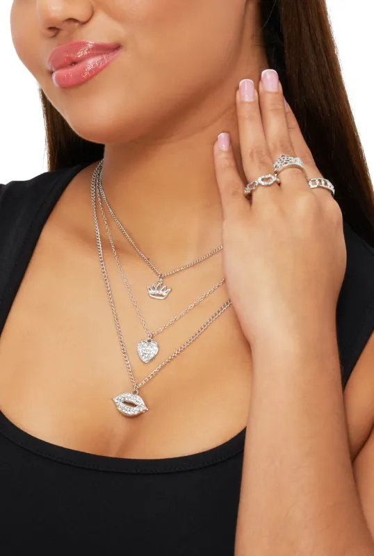 Crown Heart Lip Charm Layered Necklace with Ring Trio Set sold by Rainbow