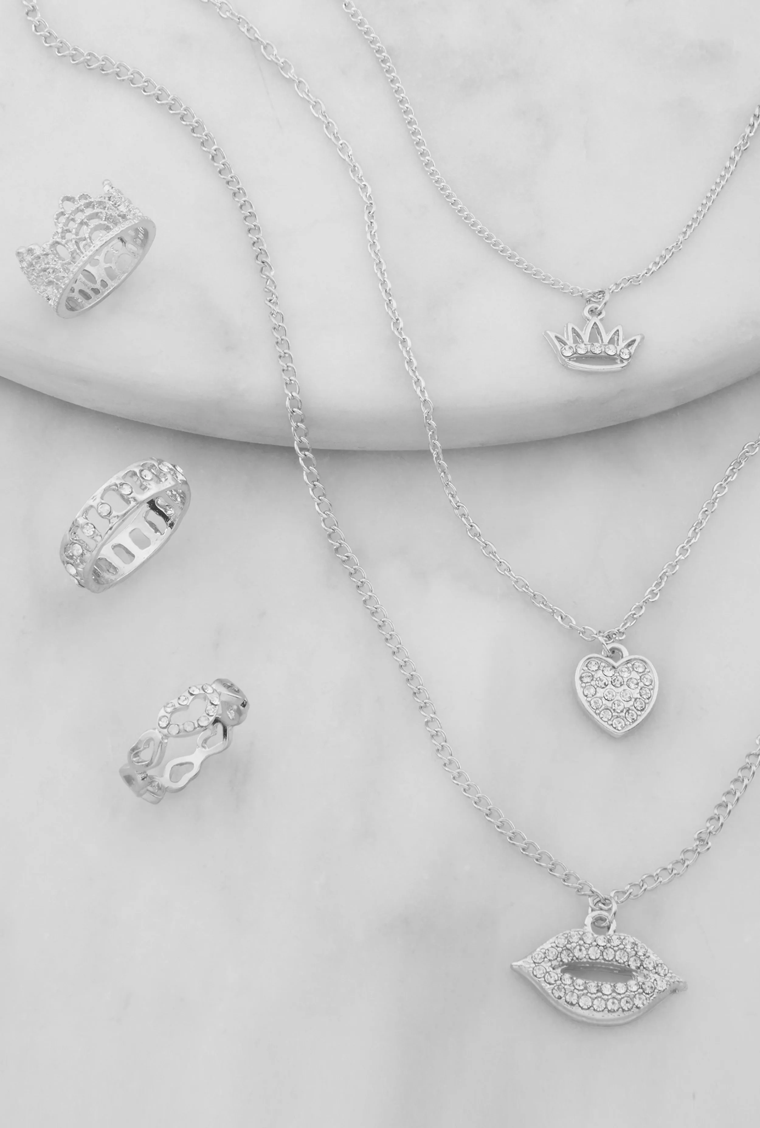Crown Heart Lip Charm Layered Necklace with Ring Trio Set sold by Rainbow product image thumbnail 2