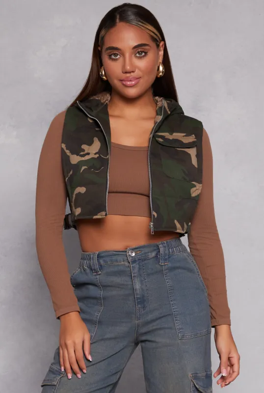 Camo Zip Front Cropped Vest sold by Rainbow