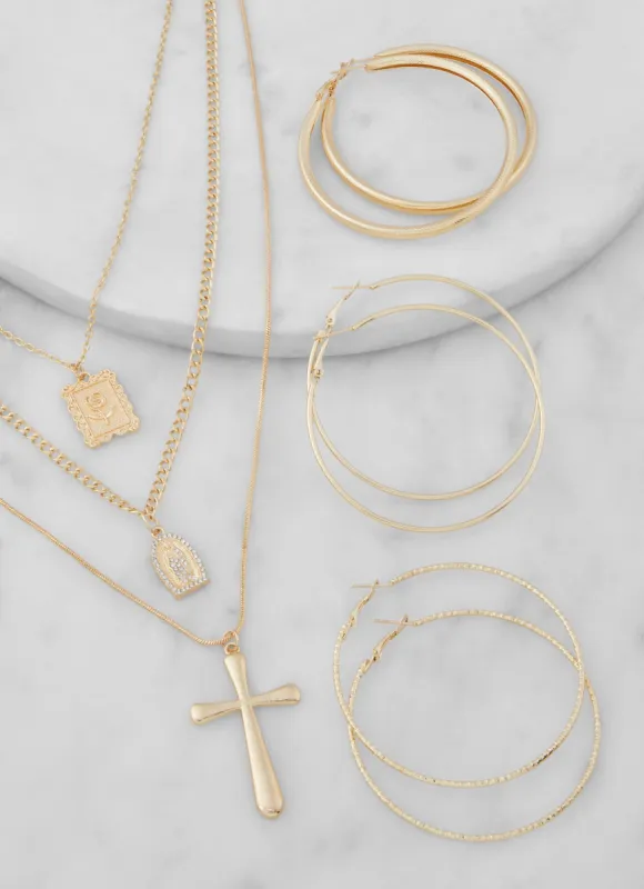 Metallic Cross Layered Necklace and Hoop Earrings Trio sold by Rainbow