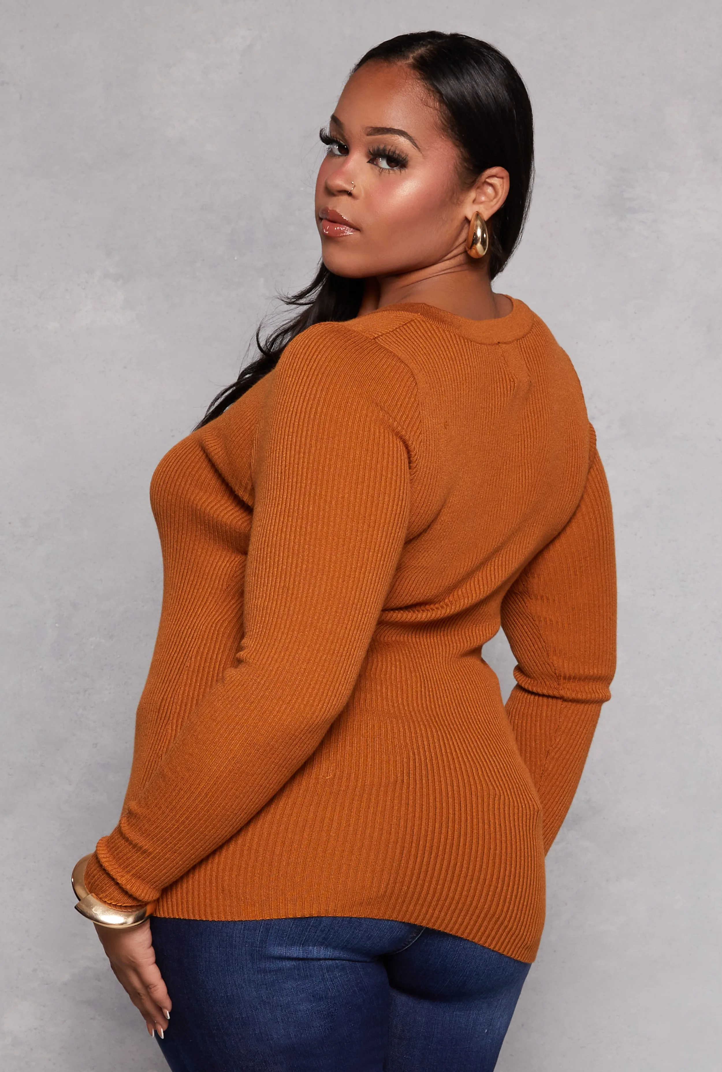Plus Size Ribbed Knit Long Sleeve Henley Top sold by Rainbow product image thumbnail 3