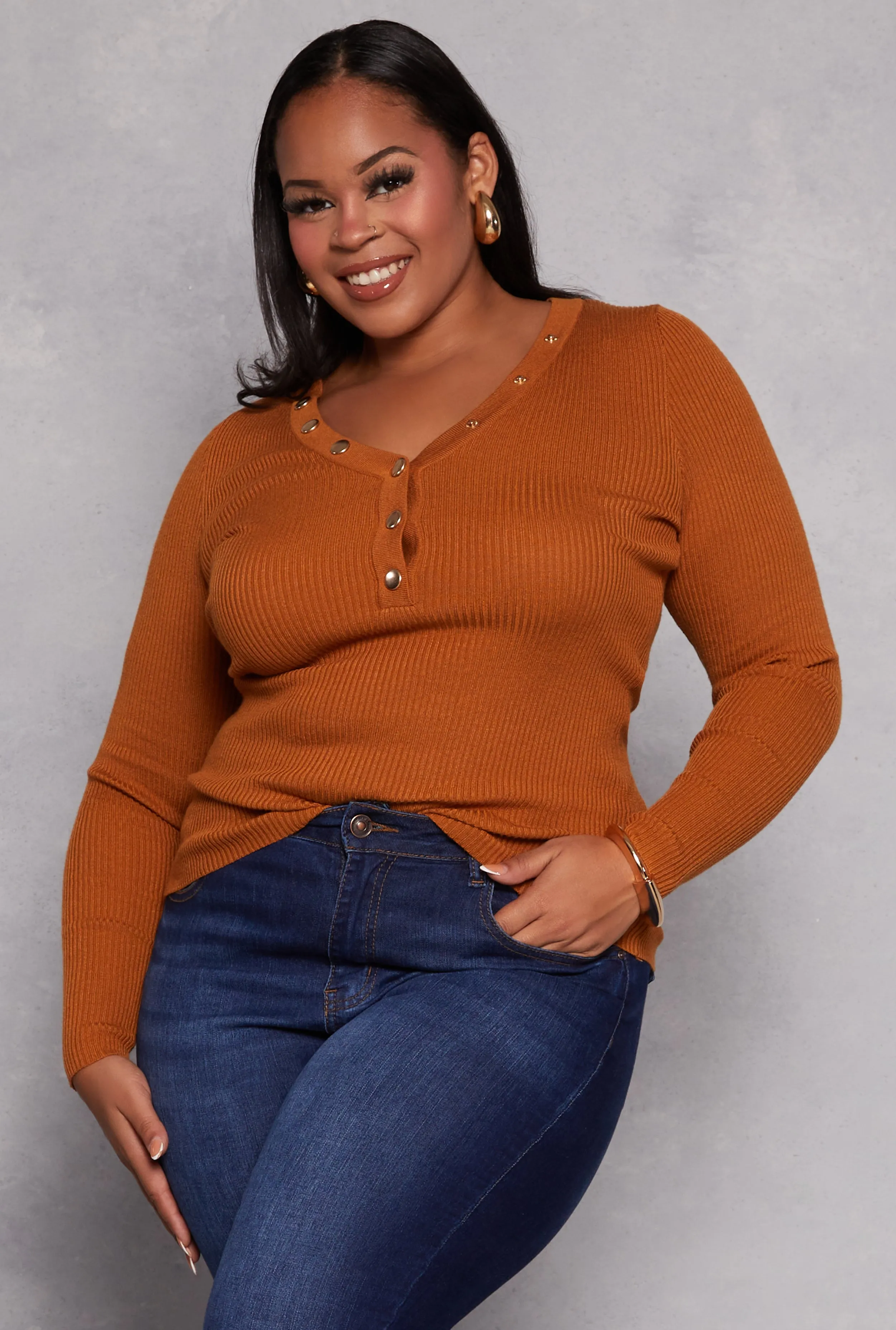 Plus Size Ribbed Knit Long Sleeve Henley Top sold by Rainbow