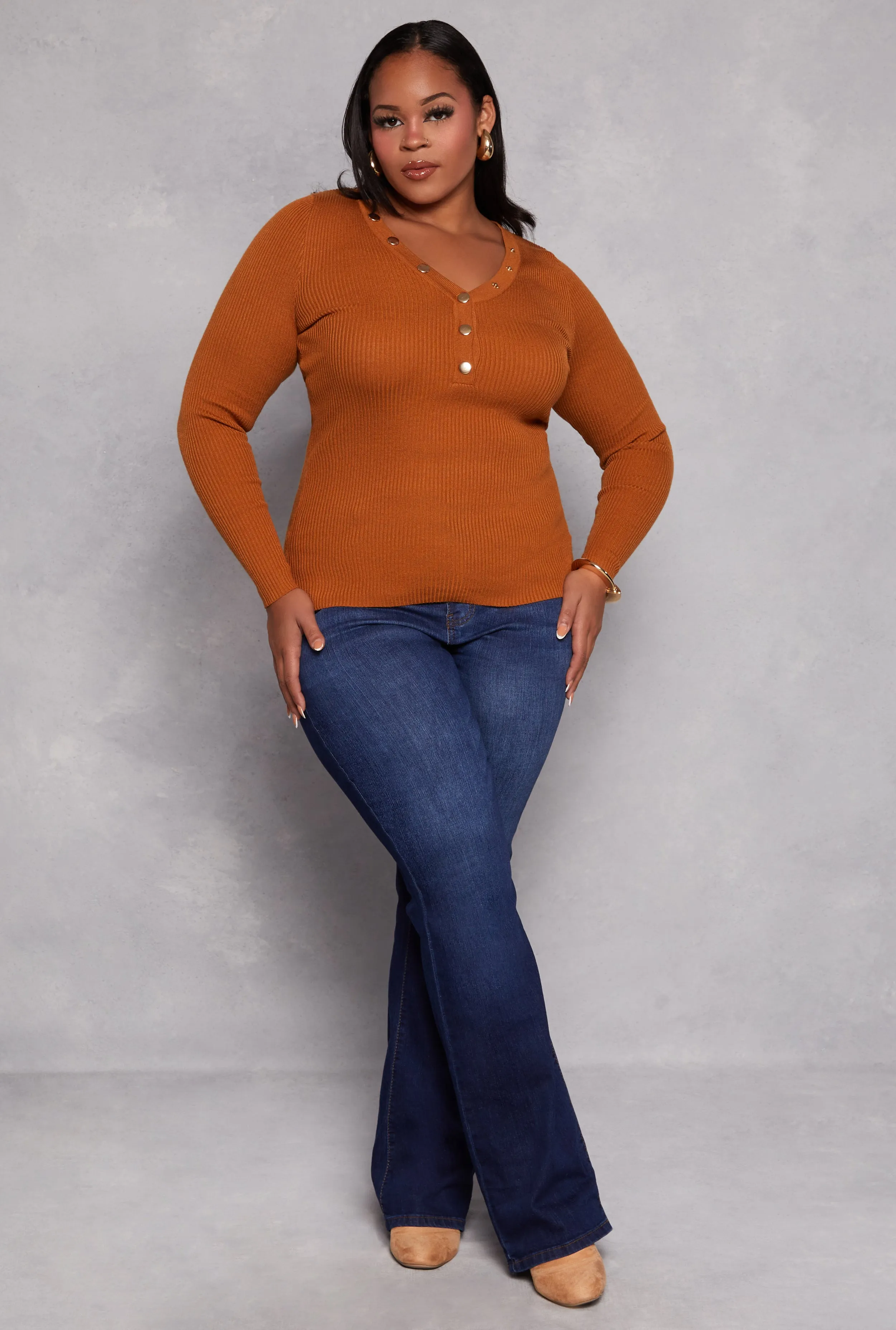 Plus Size Ribbed Knit Long Sleeve Henley Top sold by Rainbow product image thumbnail 2