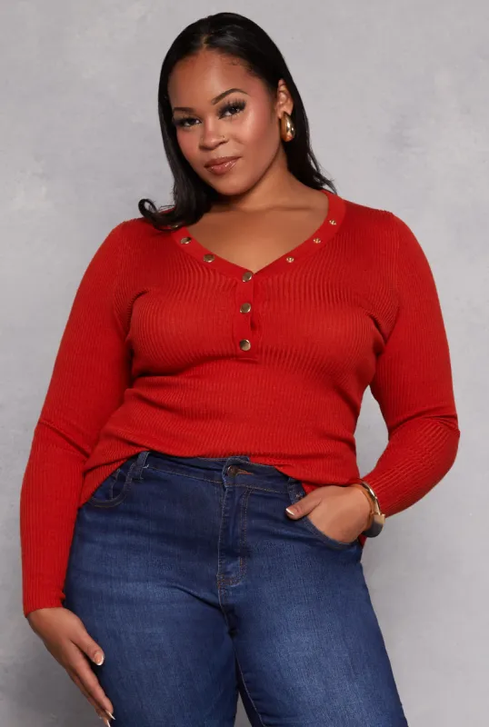 Plus Size Ribbed Knit Long Sleeve Henley Top sold by Rainbow