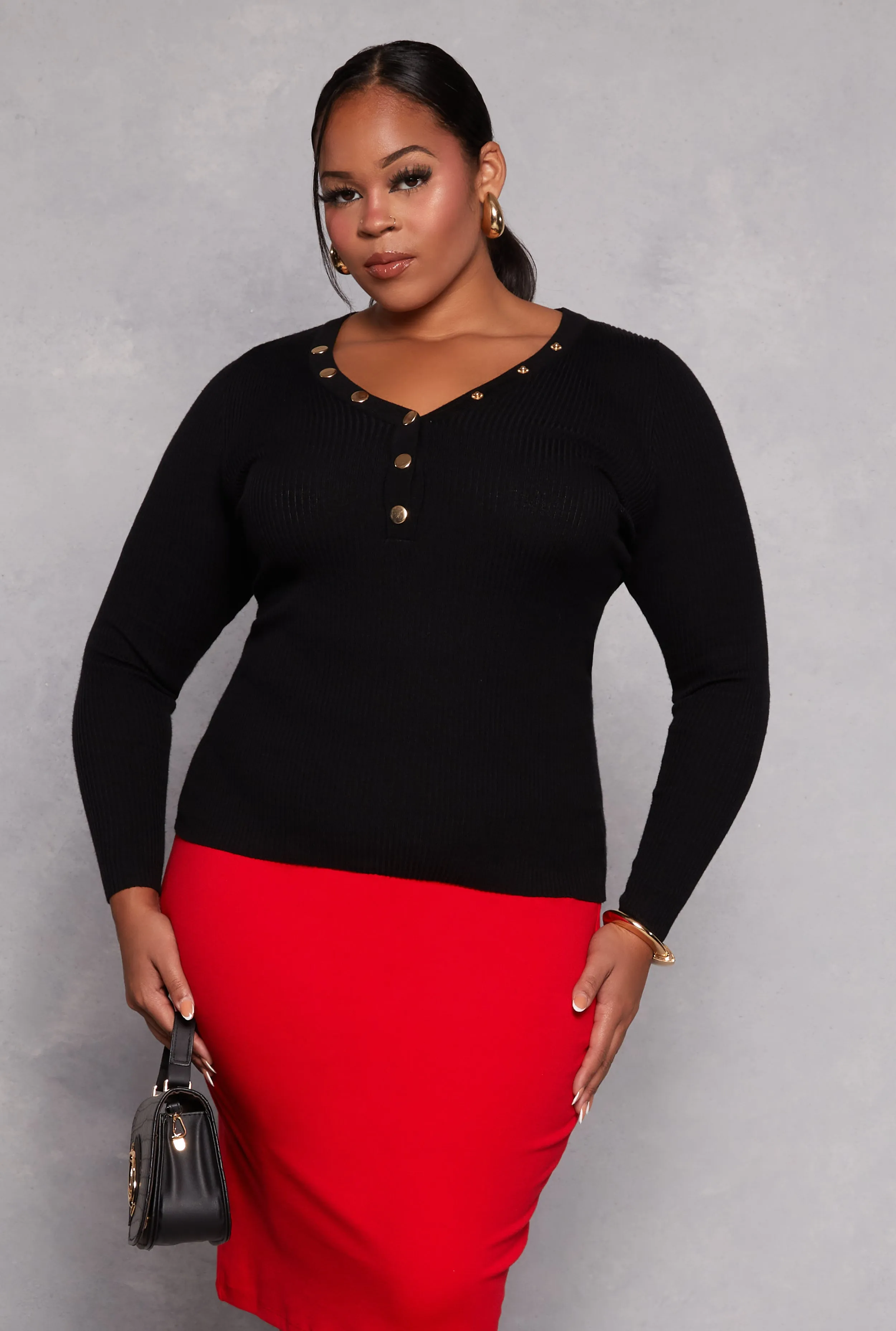 Plus Size Ribbed Knit Long Sleeve Henley Top sold by Rainbow