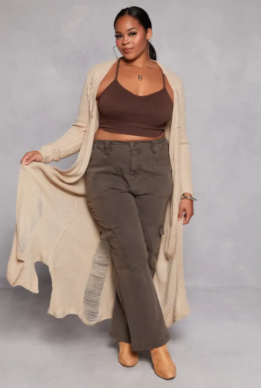 Plus Size Solid Distressed Long Cardigan sold by Rainbow