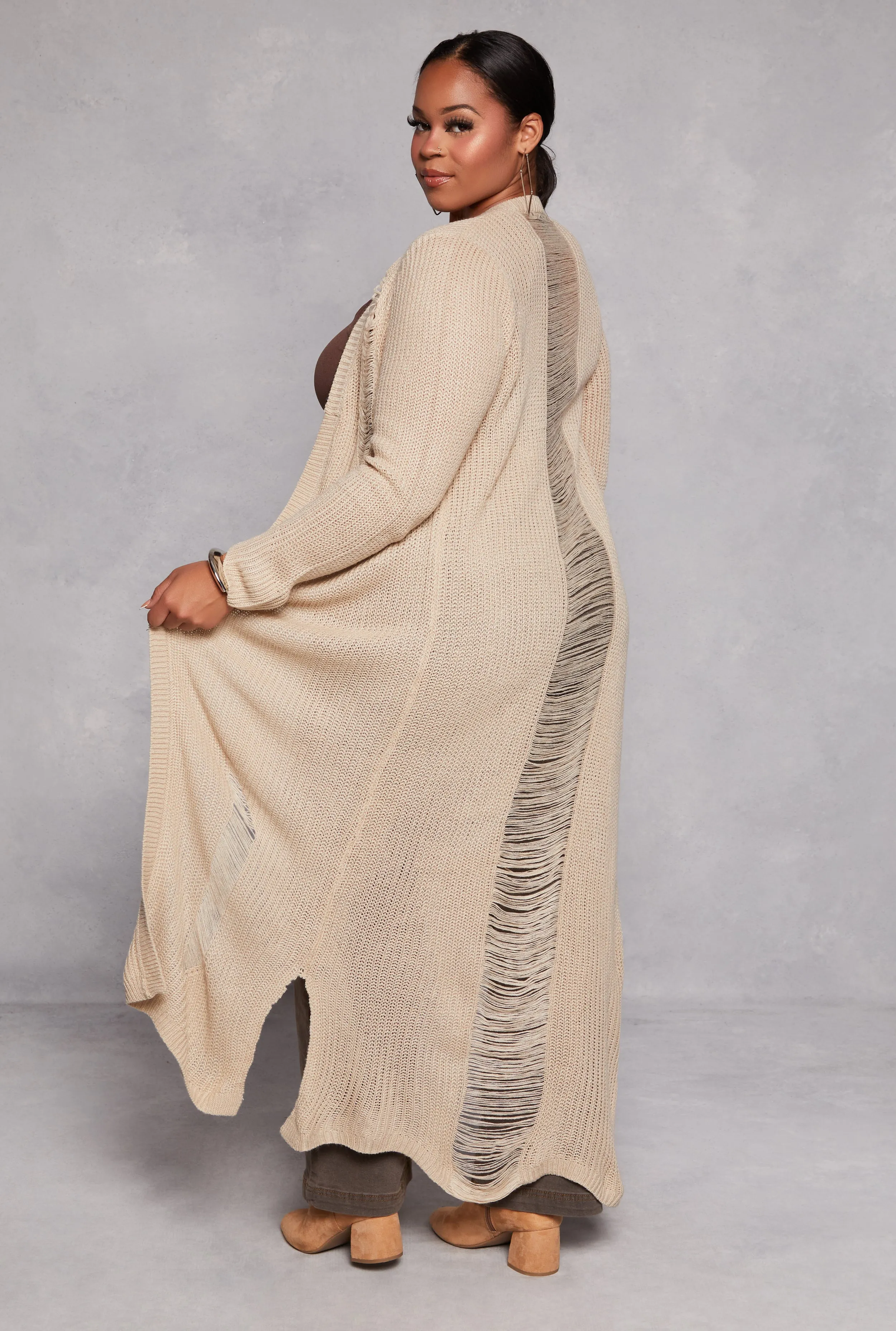 Plus Size Solid Distressed Long Cardigan sold by Rainbow product image thumbnail 3