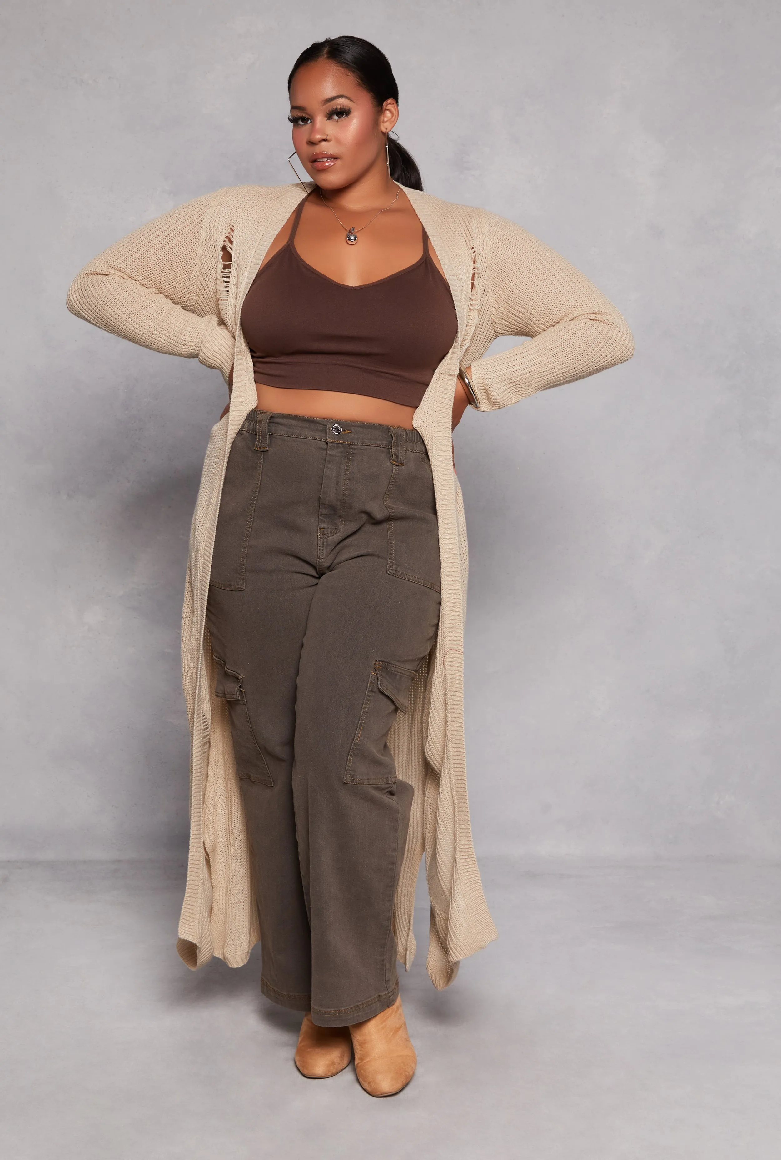 Plus Size Solid Distressed Long Cardigan sold by Rainbow product image thumbnail 2