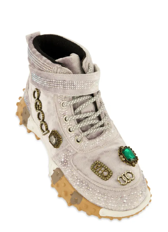 Velvet Rhinestone Embellished High Top Sneakers sold by Rainbow