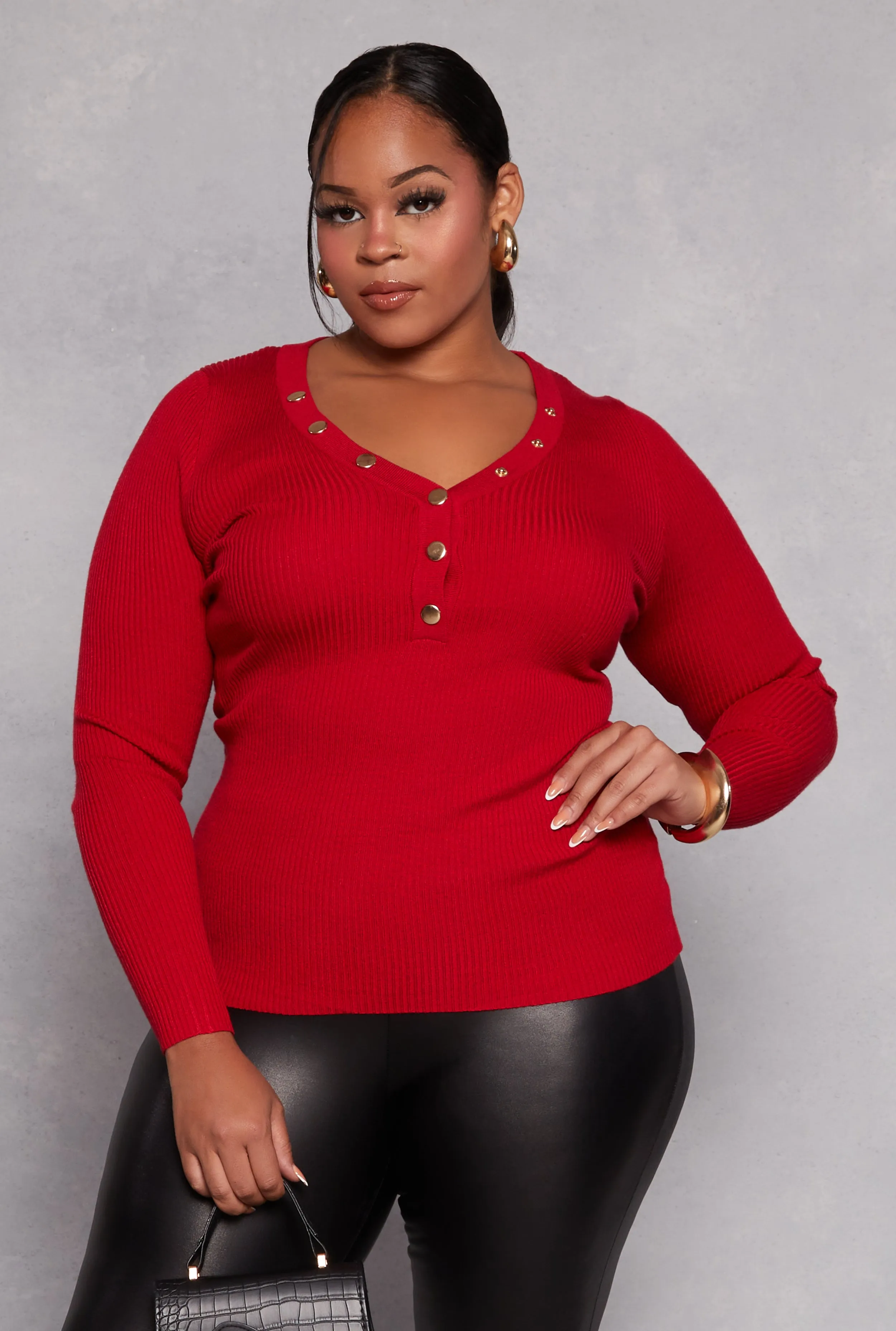 Plus Size Ribbed Knit Long Sleeve Henley Top sold by Rainbow
