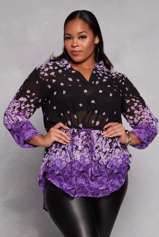 Plus Size Floral Printed Tie Waist Top sold by Rainbow