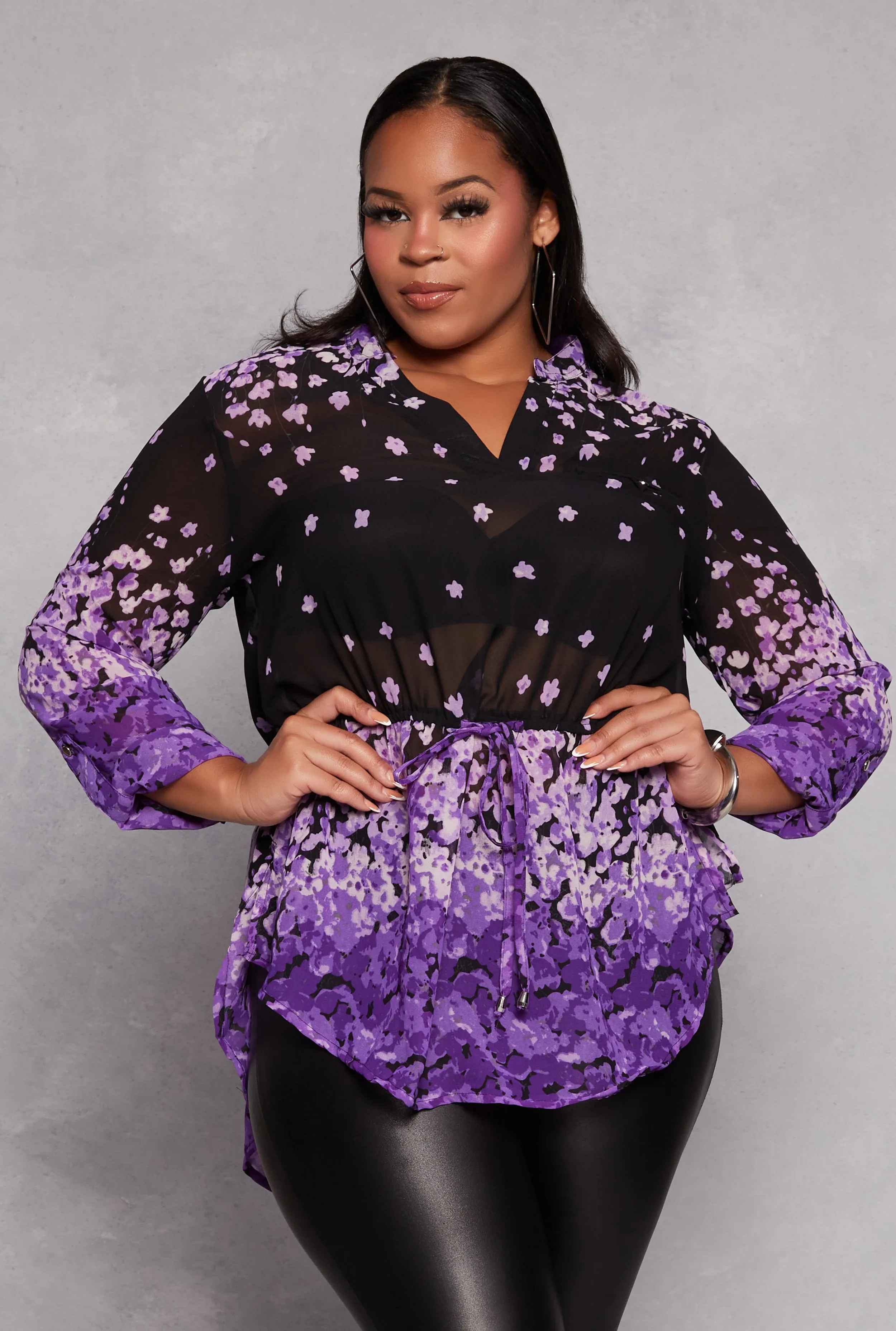 Plus Size Floral Printed Tie Waist Top sold by Rainbow