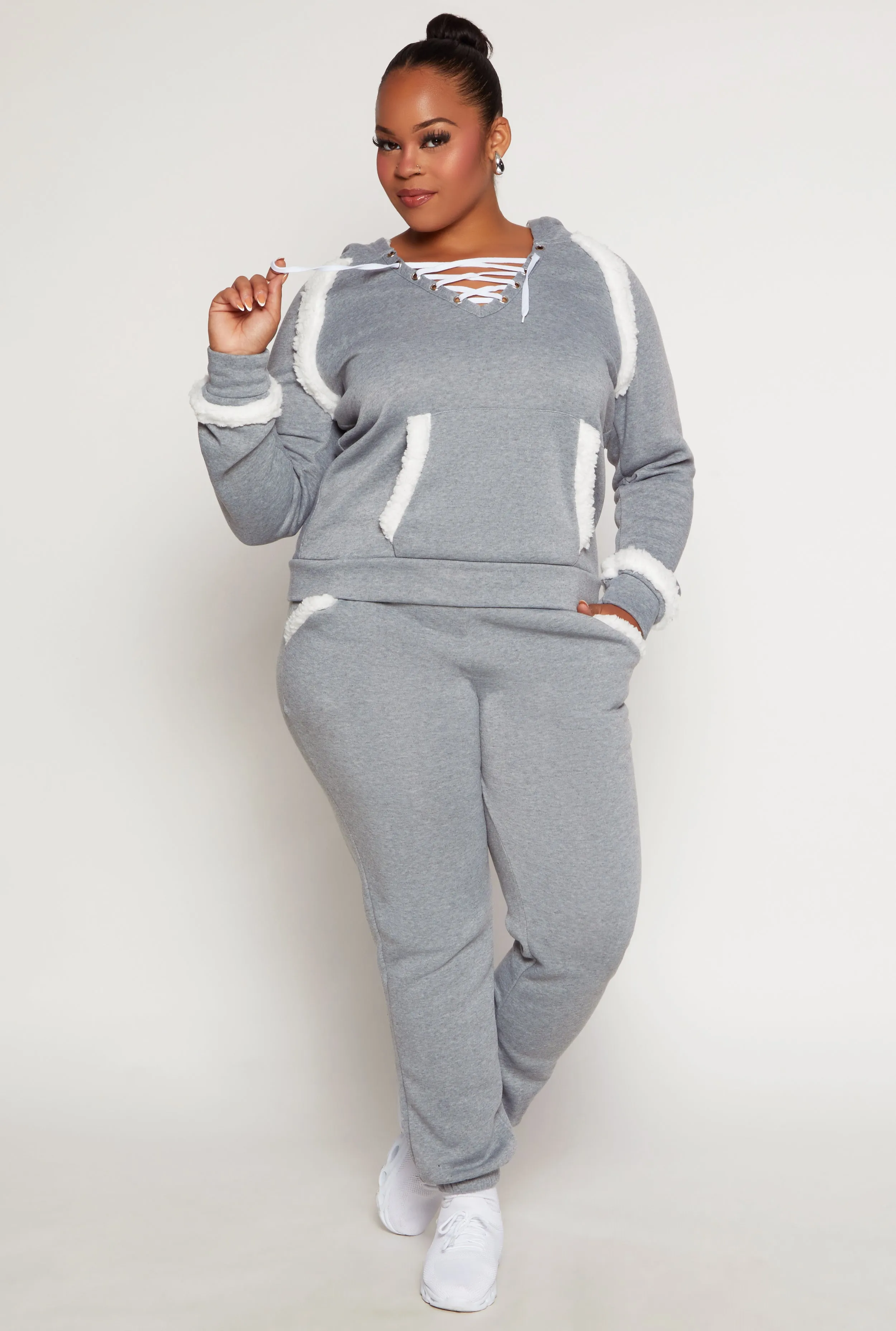 Plus Size Sherpa Contrast Trim Hoodie sold by Rainbow product image thumbnail 2