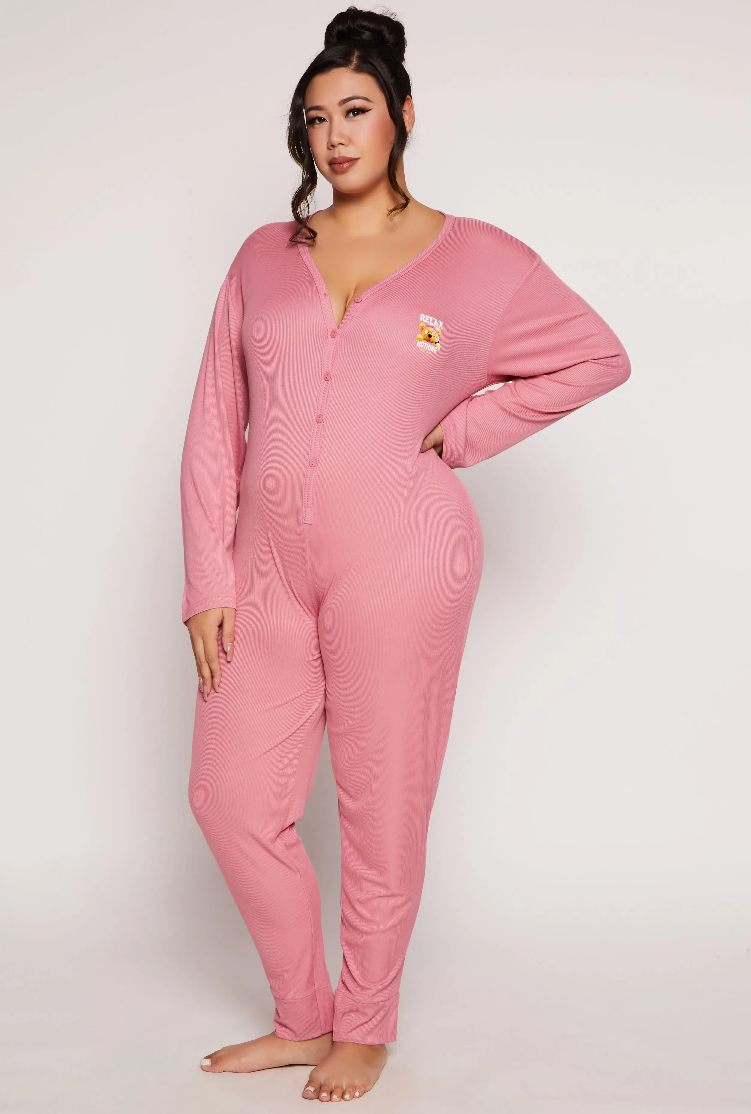 Plus Size Just Relax Bear Graphic Pajama Onesie sold by Rainbow