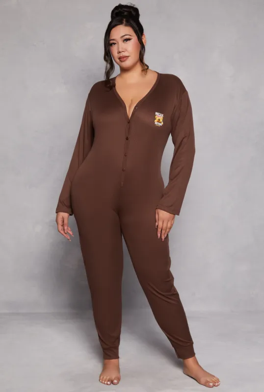 Plus Size Just Relax Bear Graphic Pajama Onesie sold by Rainbow