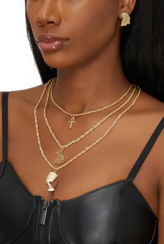 Queen Nefertiti Layered Necklace and Stud Earrings sold by Rainbow