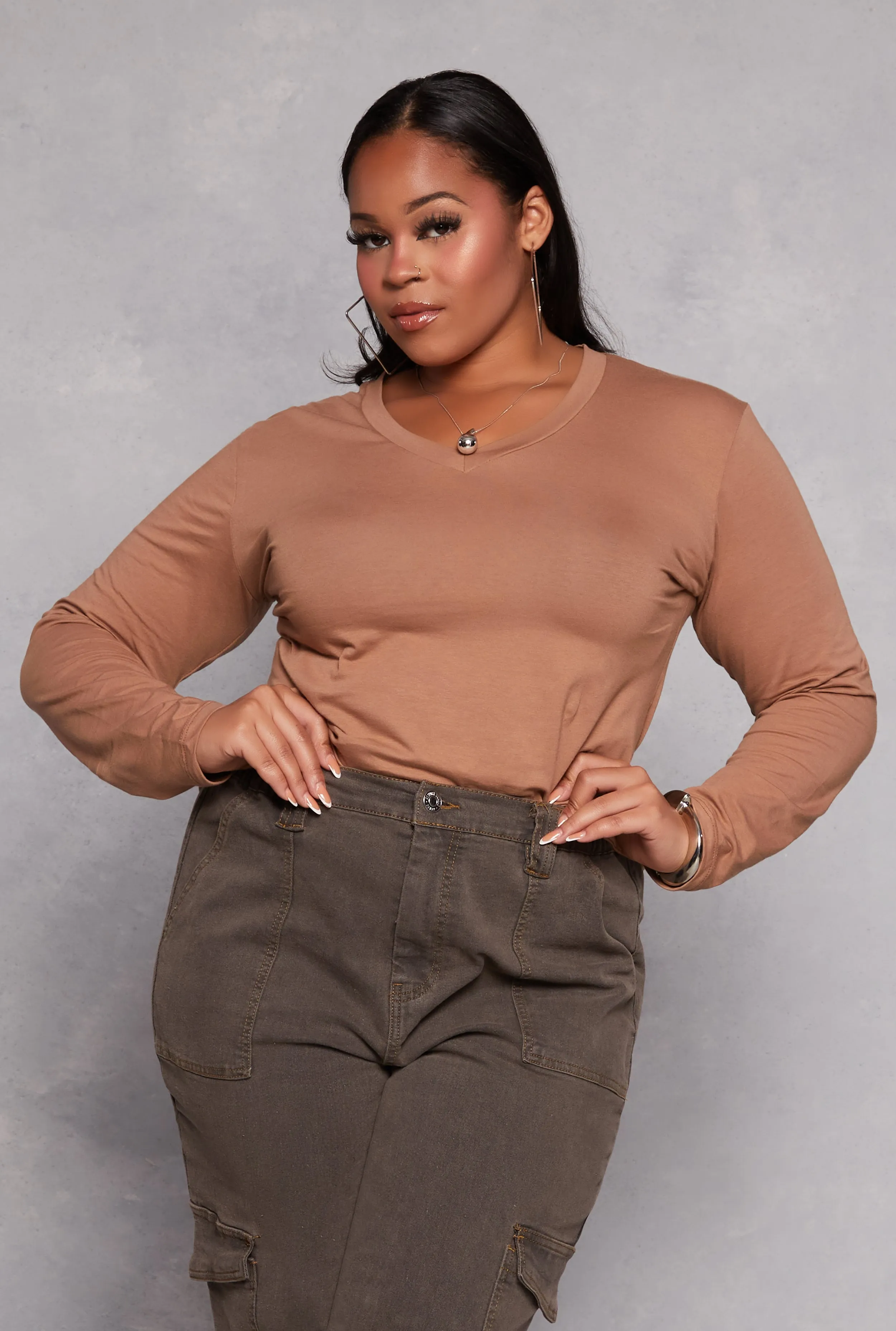 Plus Size Long Sleeve V Neck T Shirt sold by Rainbow