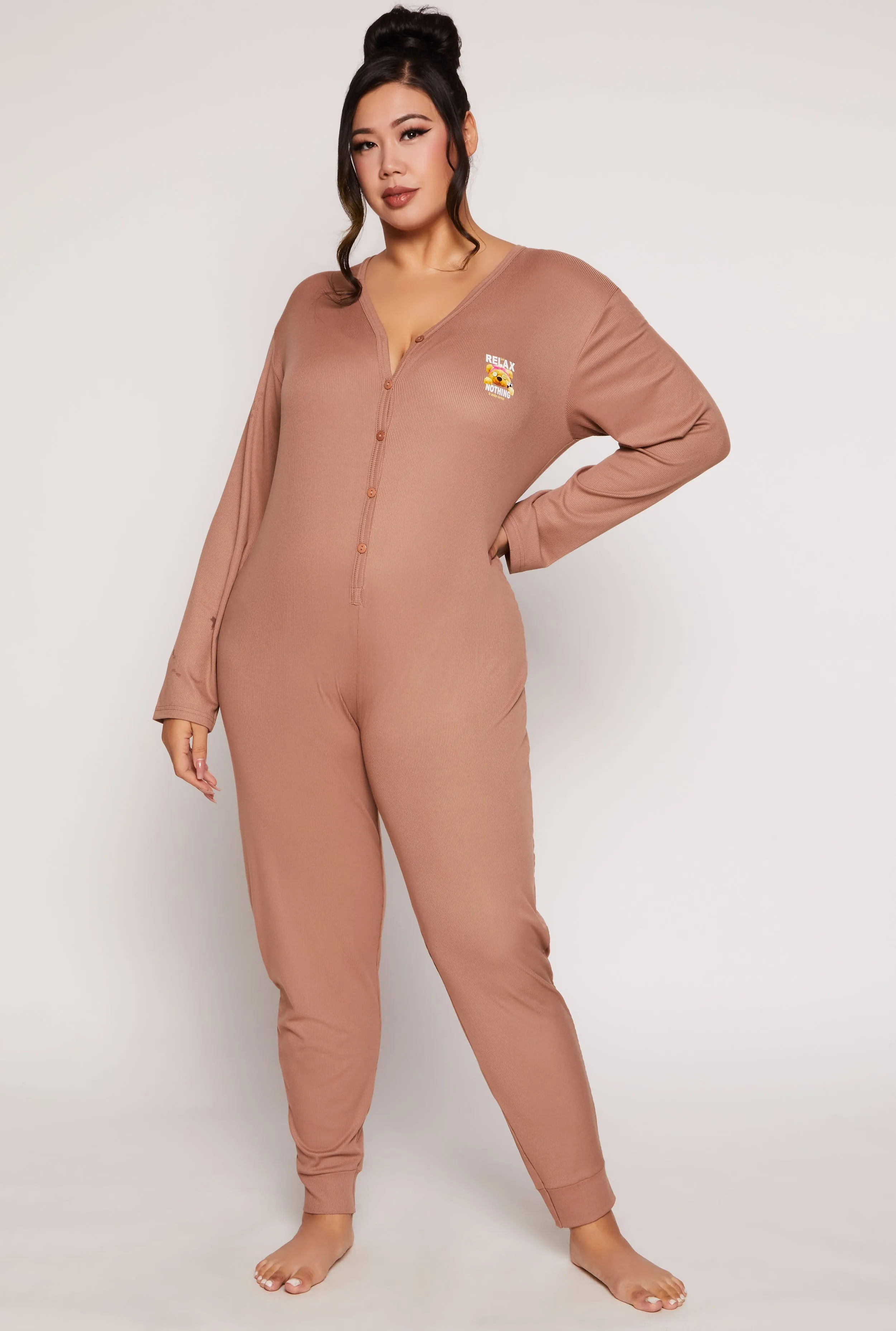Plus Size Just Relax Bear Graphic Pajama Onesie sold by Rainbow