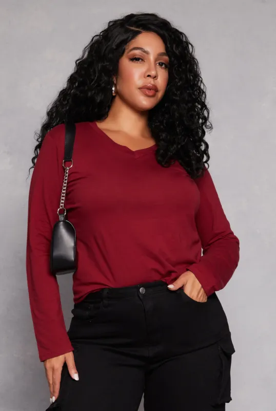 Plus Size Long Sleeve V Neck T Shirt sold by Rainbow