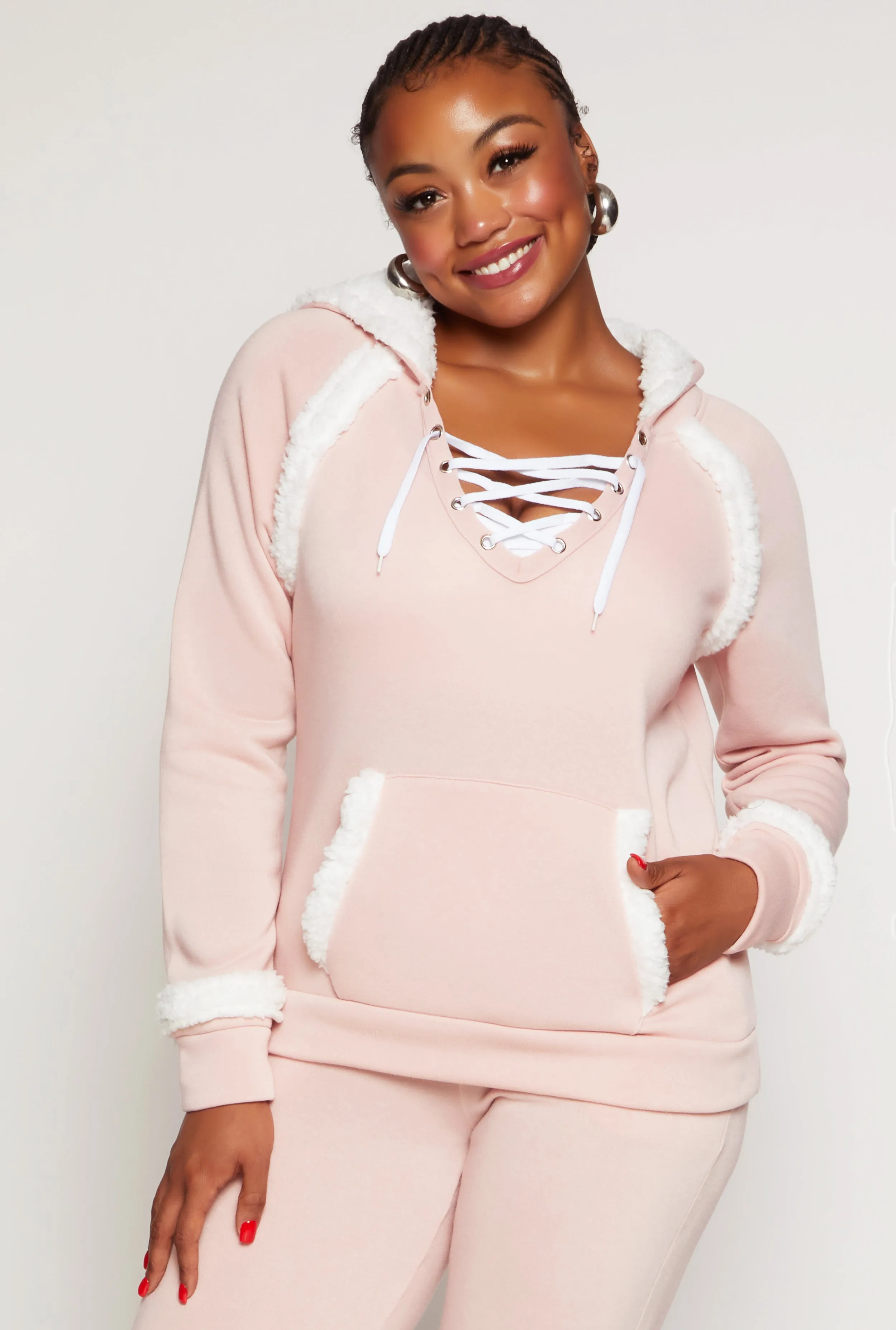 Plus Size Sherpa Contrast Trim Hoodie sold by Rainbow
