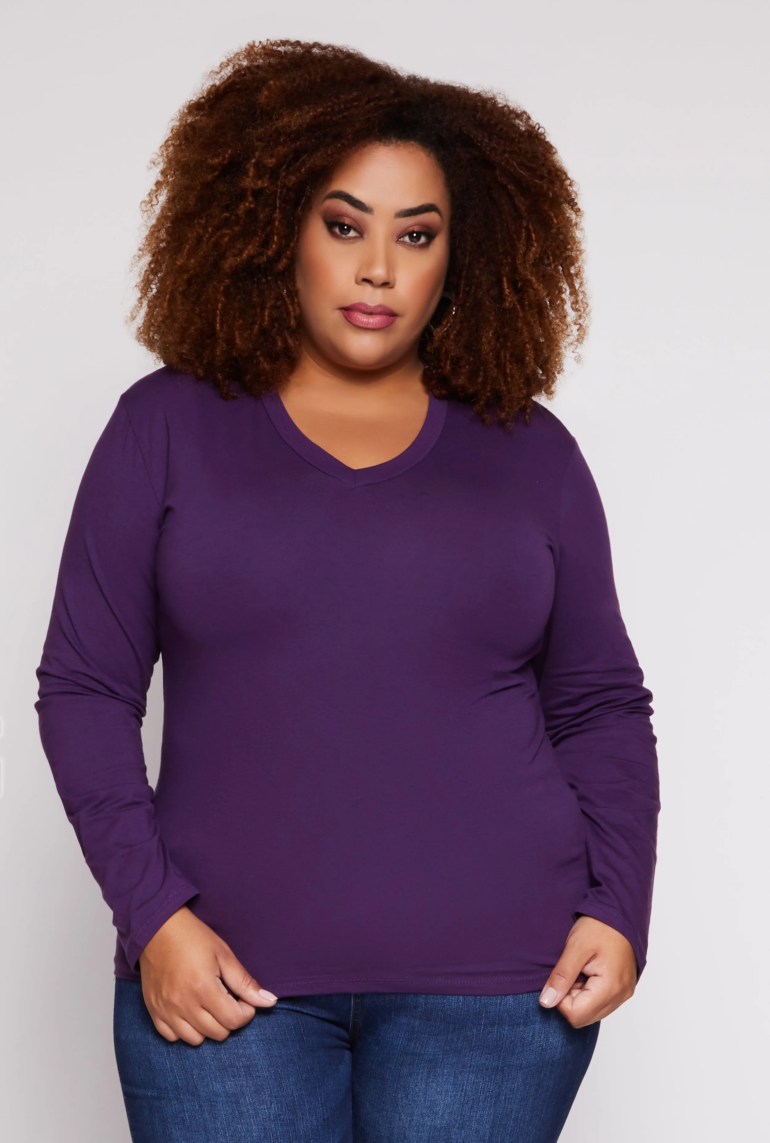Plus Size Long Sleeve V Neck T Shirt sold by Rainbow