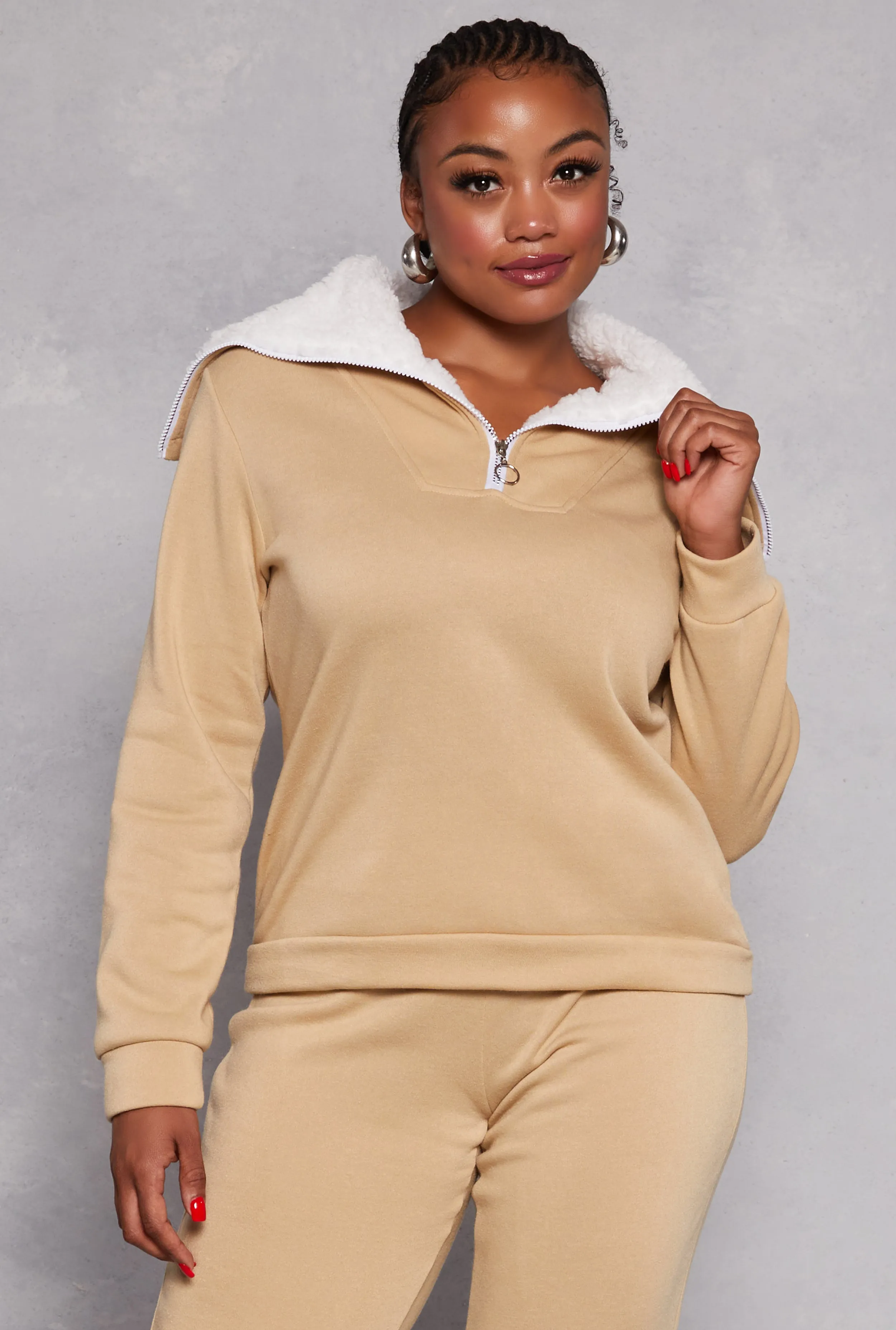 Plus Size Sherpa Collar Quarter Zip Sweatshirt sold by Rainbow