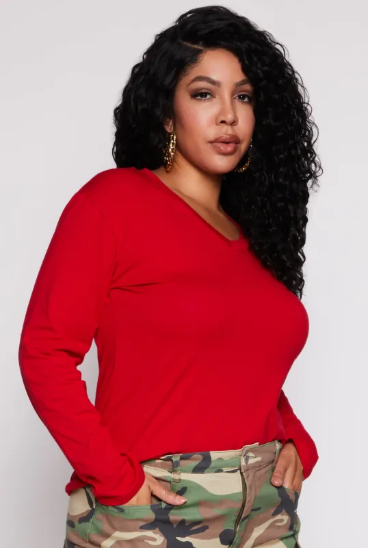 Plus Size Long Sleeve V Neck T Shirt sold by Rainbow