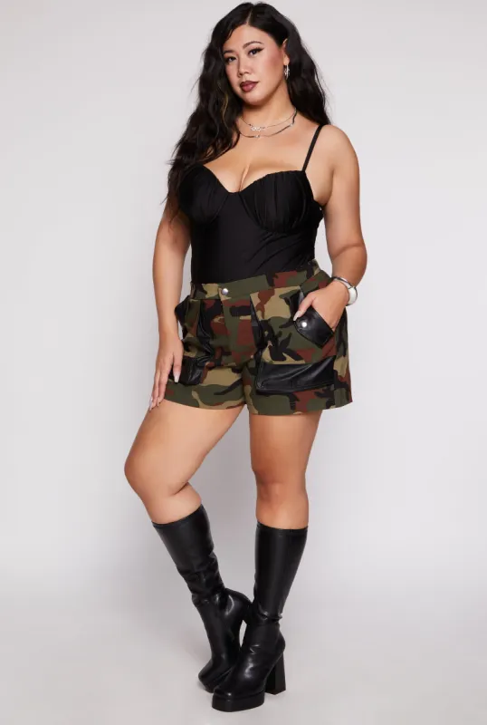 Plus Size Camo Faux Leather Detail Cargo Shorts sold by Rainbow
