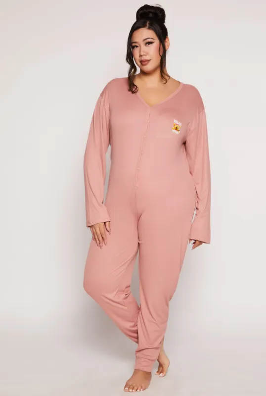 Plus Size Just Relax Bear Graphic Pajama Onesie sold by Rainbow