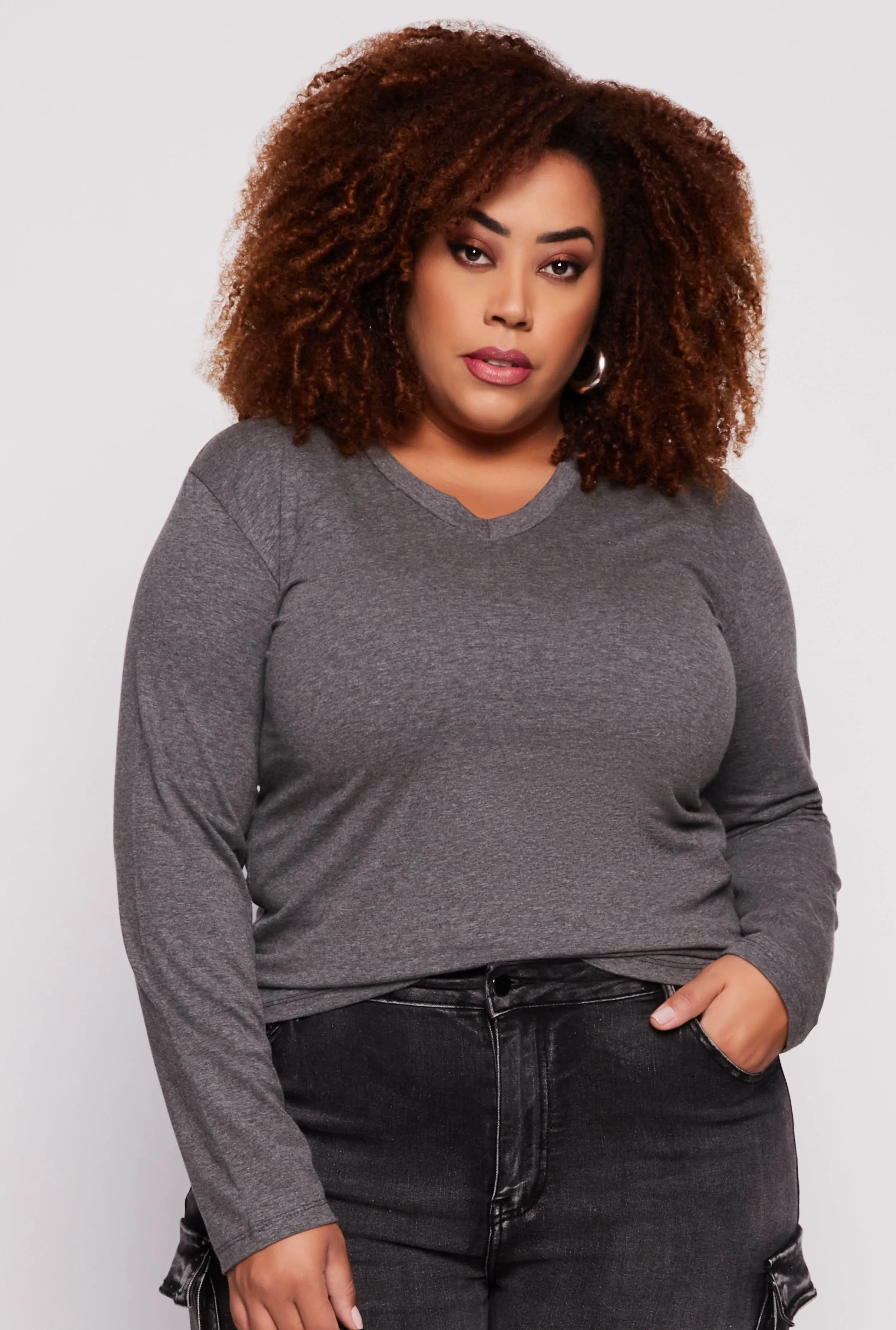 Plus Size Long Sleeve V Neck T Shirt sold by Rainbow