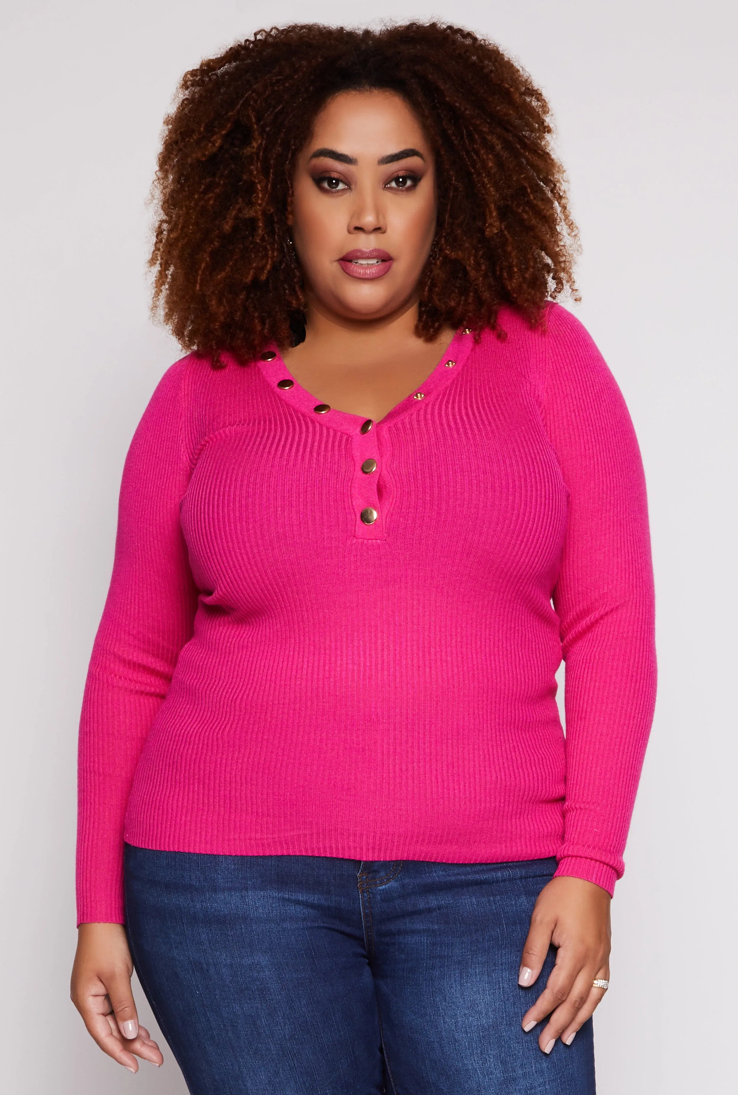 Plus Size Ribbed Knit Long Sleeve Henley Top sold by Rainbow