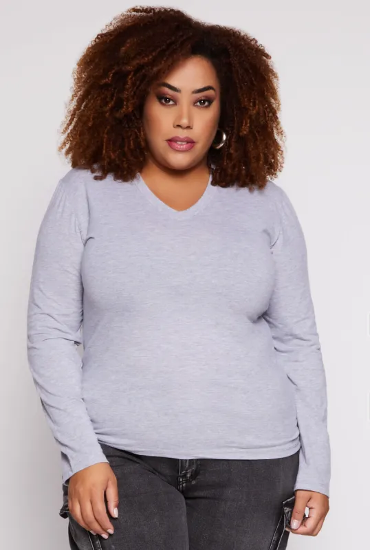 Plus Size Long Sleeve V Neck T Shirt sold by Rainbow