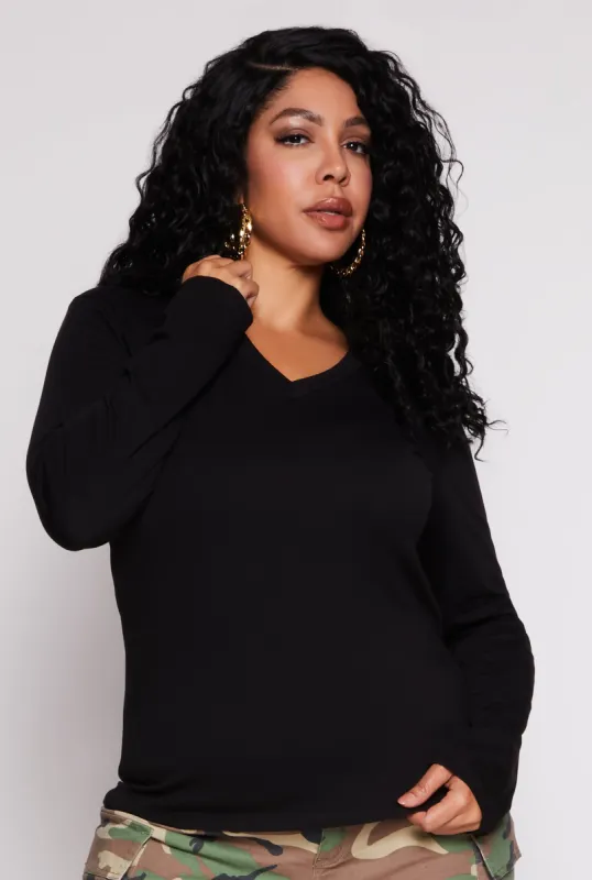 Plus Size Long Sleeve V Neck T Shirt sold by Rainbow
