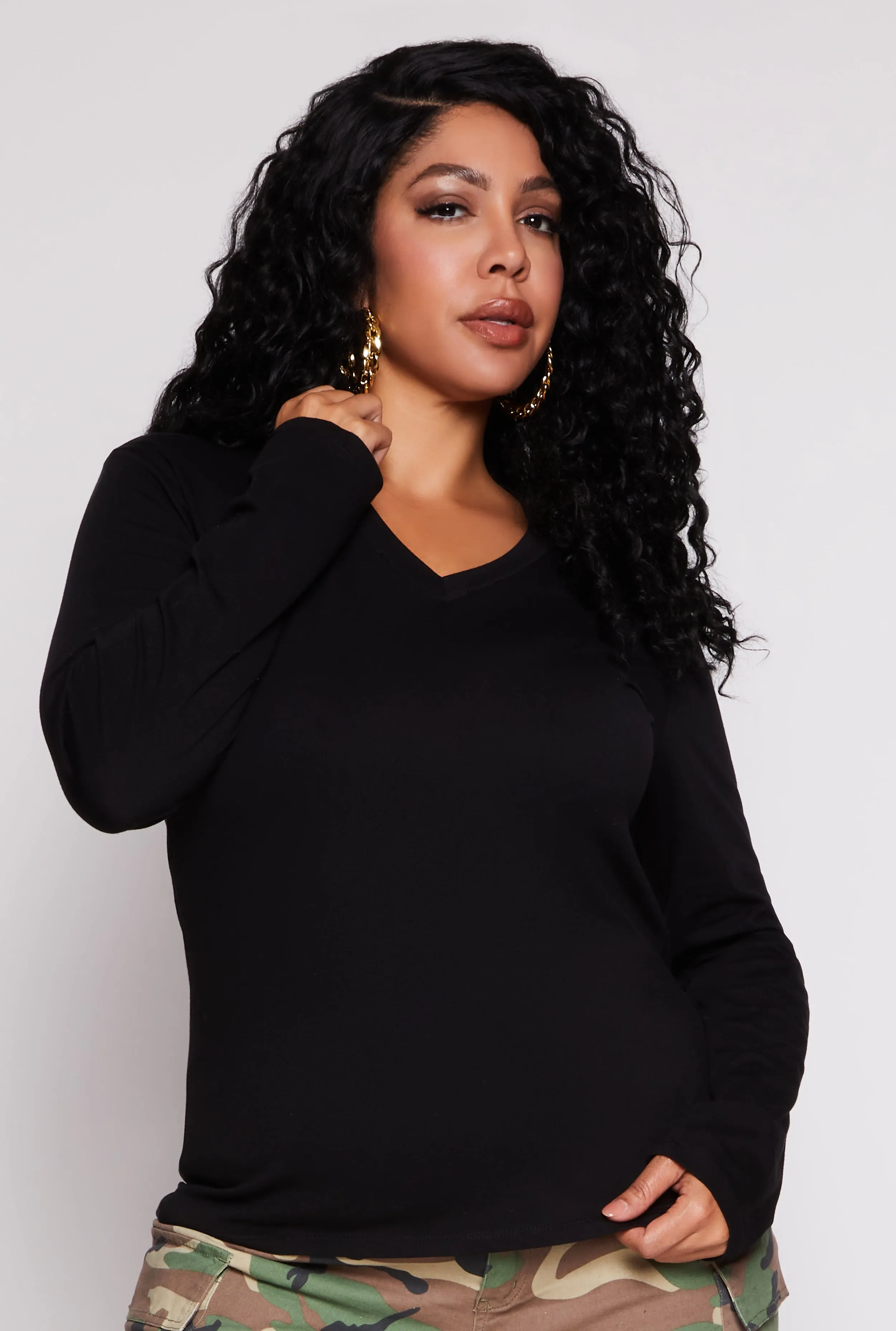 Plus Size Long Sleeve V Neck T Shirt sold by Rainbow