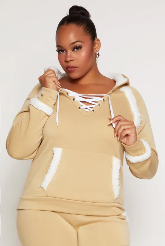 Plus Size Sherpa Contrast Trim Hoodie sold by Rainbow