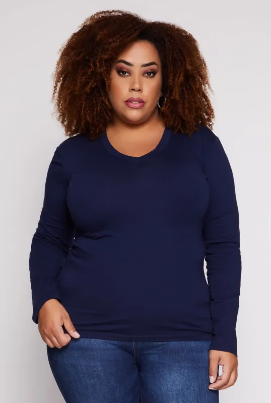 Plus Size Long Sleeve V Neck T Shirt sold by Rainbow