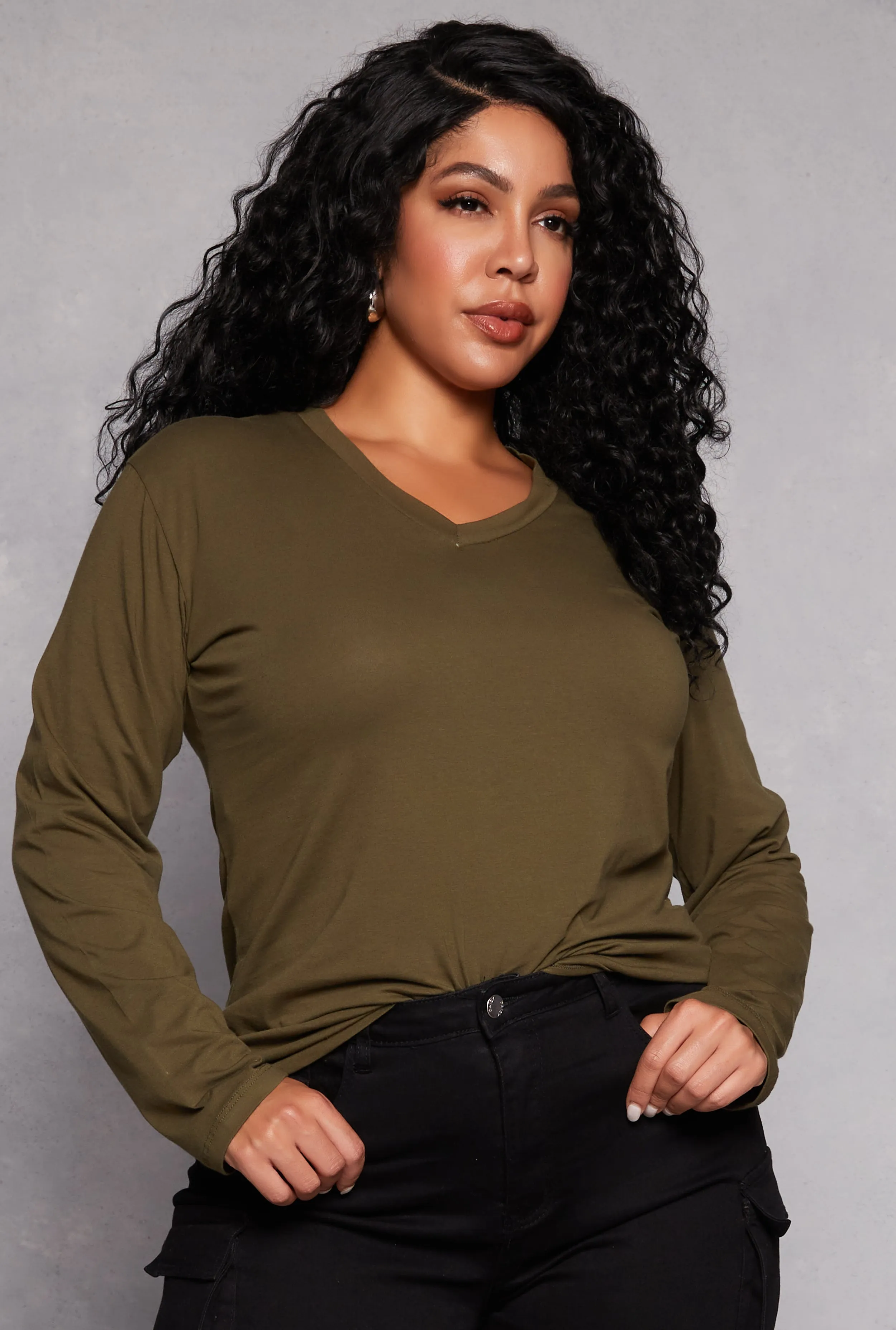 Plus Size Long Sleeve V Neck T Shirt sold by Rainbow