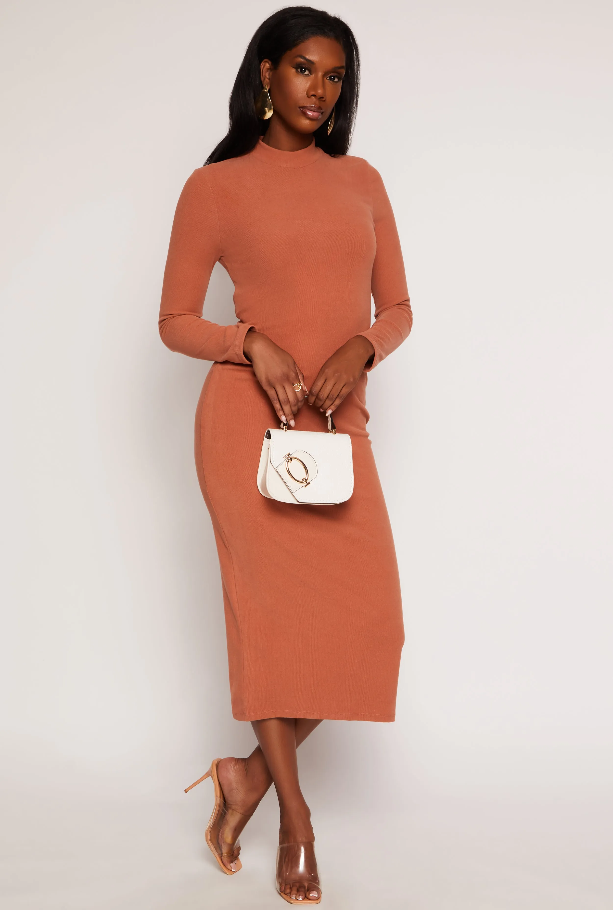 Ribbed Mock Neck Long Sleeve Midi Dress sold by Rainbow
