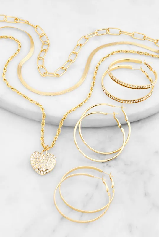 Rhinestone Heart Layered Necklace with Hoop Earring Trio sold by Rainbow