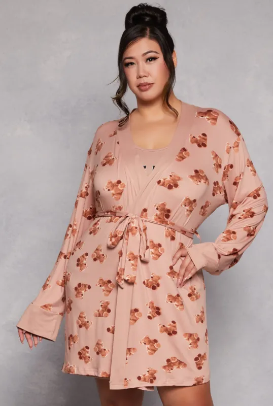 Plus Size Self Love Club Bear Graphic Nightgown with Robe sold by Rainbow