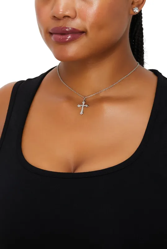 Cross Pendant Chain Necklace and Cubic Zirconia Stud Earrings sold by Rainbow