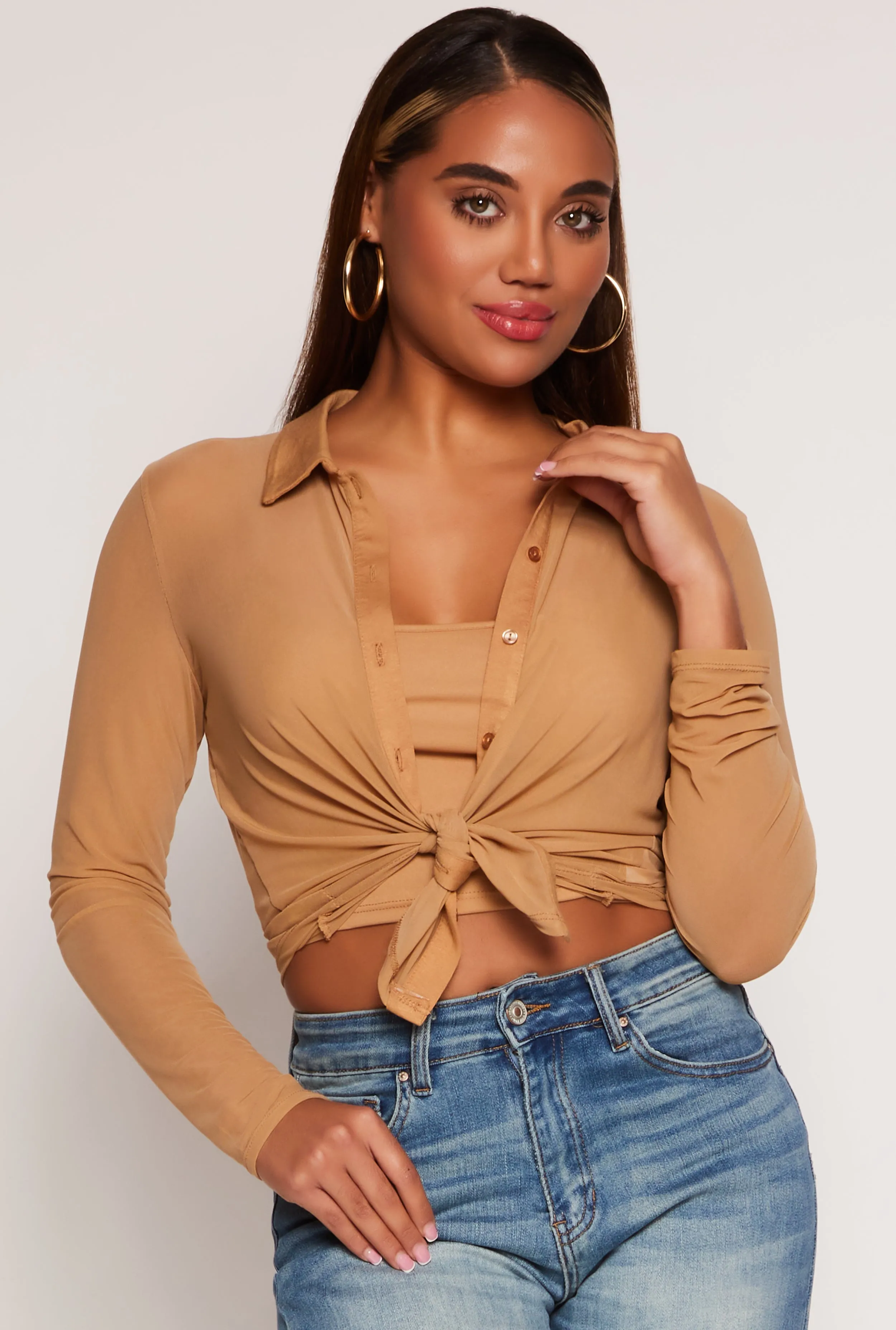 Mesh Button Front Shirt With Cami sold by Rainbow