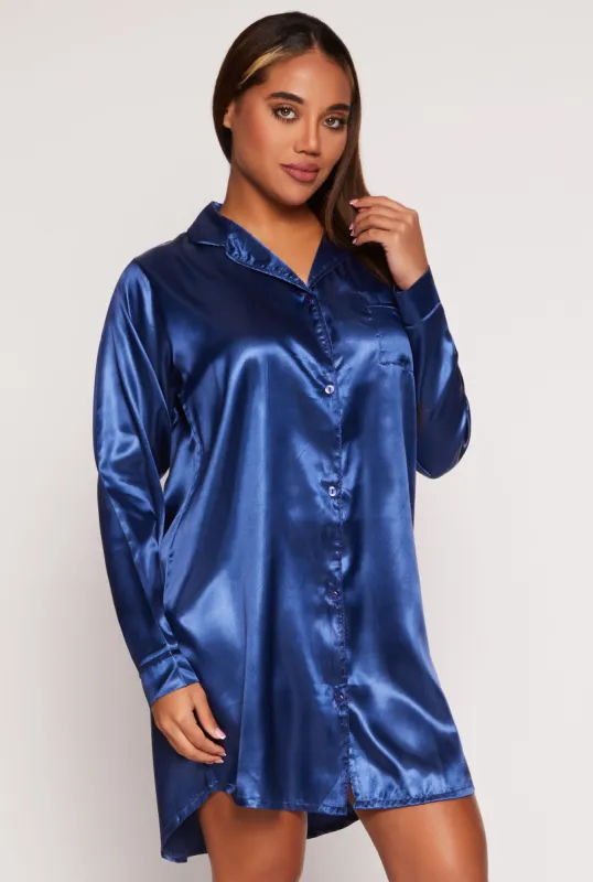 Satin Notch Collar Button Front Nightgown sold by Rainbow