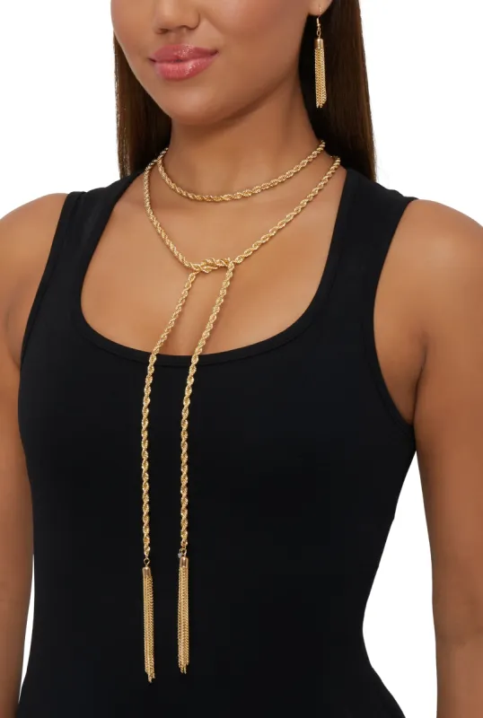 Metallic Rope Chain Necklace and Tassel Earrings sold by Rainbow