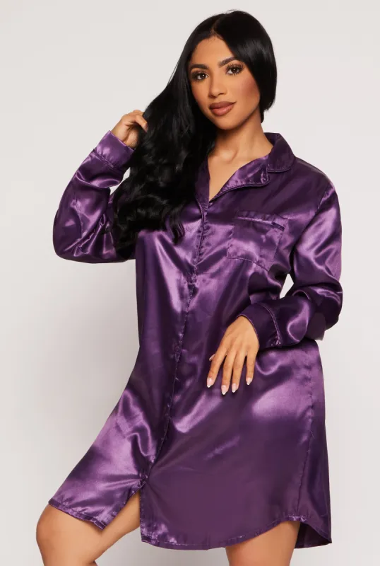 Satin Notch Collar Button Front Nightgown sold by Rainbow