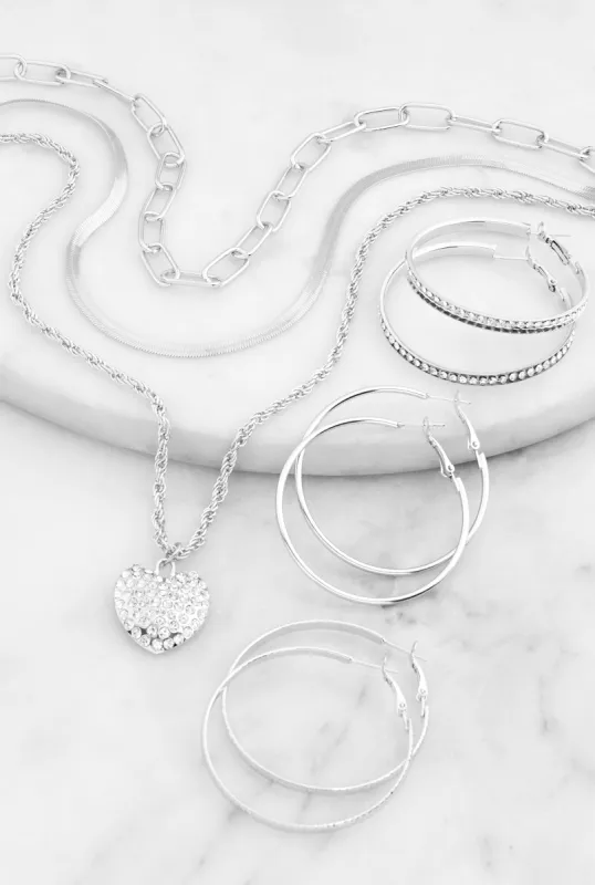 Rhinestone Heart Layered Necklace with Hoop Earring Trio sold by Rainbow
